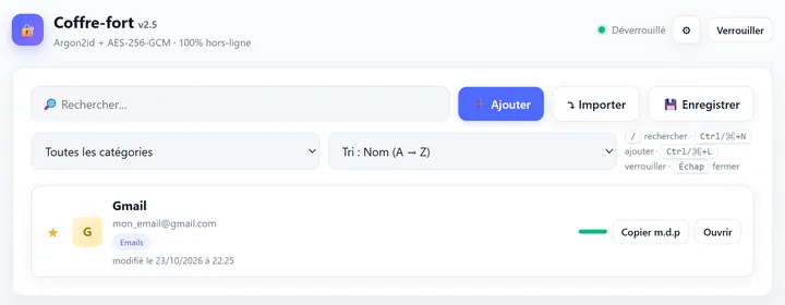 FRWARE Coffre Fort : coffre déverrouillé avec recherche, filtres et une entrée