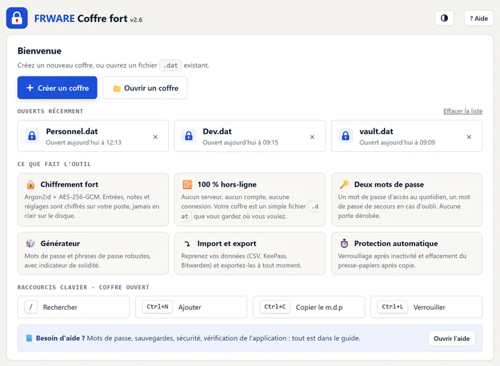 FRWARE Coffre fort : écran d’accueil avec les coffres récents, les fonctions et les raccourcis clavier