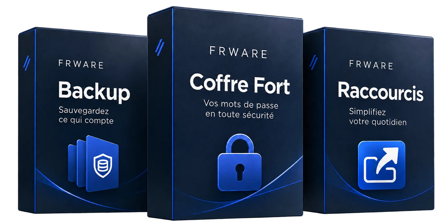 Les boîtes des trois logiciels FRWARE : Backup, Coffre Fort et Raccourcis